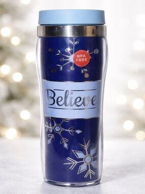 Kohl's NWOT Believe Blue Silver Snowflake 16 oz Travel Tumbler Glitter BPA Free